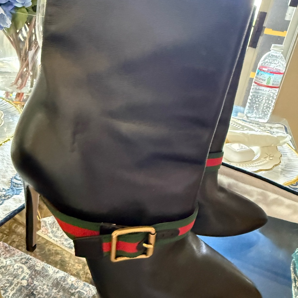 Gucci Black Heeled Boots with Red and Green Stripes